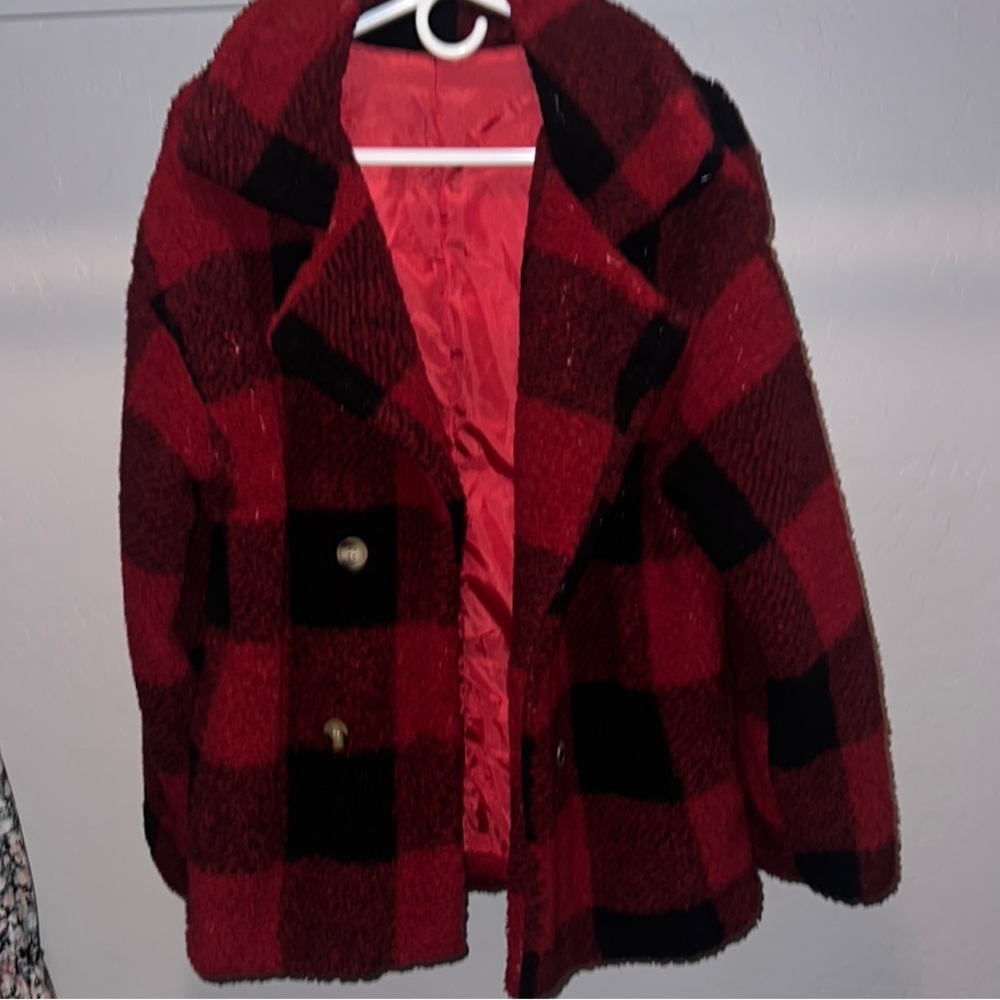 SHEIN Red and Black Teddy Jacket Cozy Plaid Design